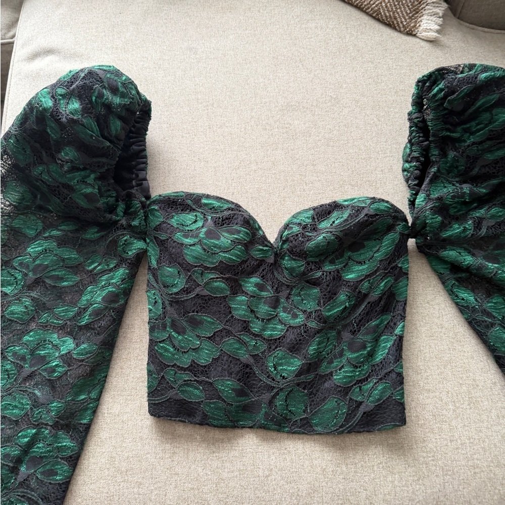 Vintage Designer Green and Black Lace Puff-Sleeve Crop Bustier Top.